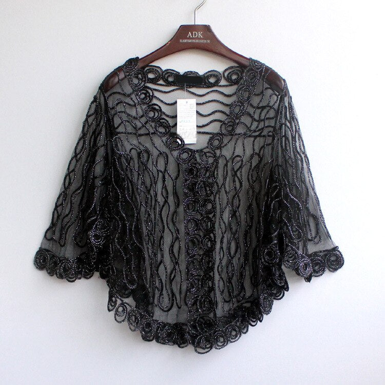 Vintage Lace Cardigan Big Size Flare Sleeve V Neck Thin Sheer Embroidery Mesh Striped Poncho Coat