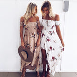 Women Off Shoulder Floral Print Boho Beach Summer Strapless Long Maxi Dress