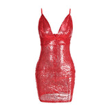 V-Neck Backless Sequin Spaghetti Strap Chic Sequins Night Club Sling Dress