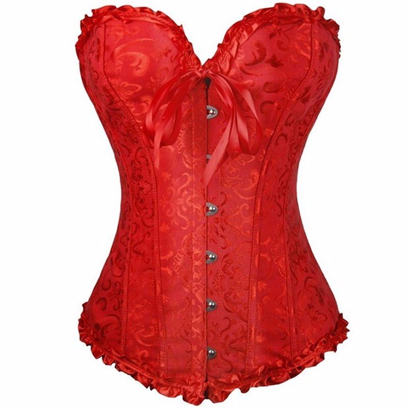 Sexy Satin Floral Gothic Lace up Boned Overbust Corset and Bustier Waist Trainer Plus Size XS-7XL with G-string
