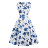 Rockabilly Vintage Navy Blue Floral A Line V Neck Cotton Casual Retro Summer Dress