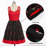 Retro Cherry Print Pin Up Style Red Pleated Spaghetti Strap Pockets Fit and Flare Cotton Vintage Dress