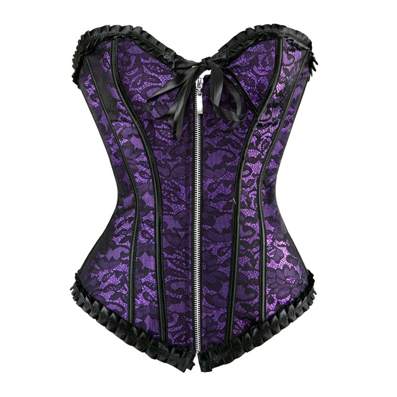 Vintage Satin Zipper Front Lace Up Back Steampunk Sexy Bustier Corset Gothic Overbust Slim Corset