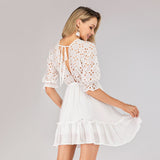 Elegant V Neck Embroidery Ruffle Pleated Lace Up Casual Sexy Hollow Out White Lace Dress