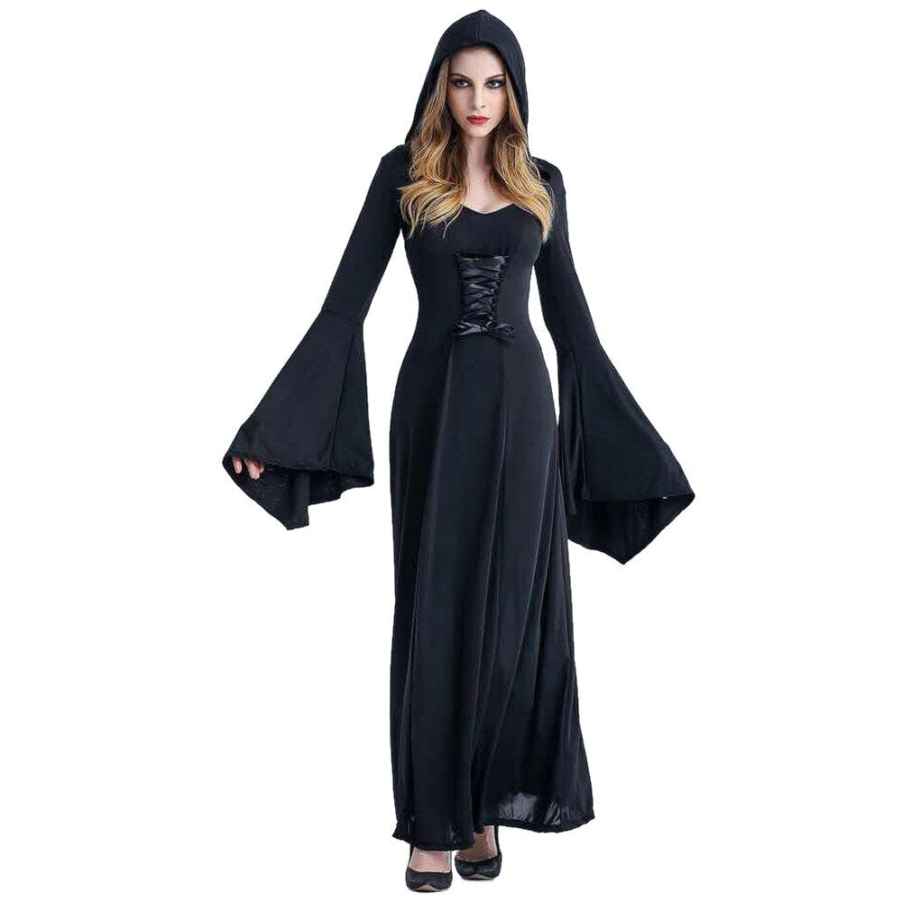 High Quality Adult Women Halloween Vampire Queen Costume Witch Medieval Renaissance Long Hooded Gown Dress