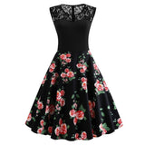 A Line Peony Flower Vintage Contrast Lace Elegant Summer Ladies Retro Party Black Dress