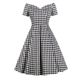 Vintage Plaid Off the Shoulder Elegant Midi Women Office Lady Gingham Dresses Party V Neck Sexy Cotton Dress