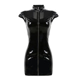 Top Quality Female Sexy Mesh Patchwork PVC Leather Dresses Front Zipper Wetlook Bodycon Dress Party Night Club Vestidos