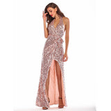 Rose Gold Sequin Long Backless Halter Sexy Sashes Chic Wrap Robe Elegant Evening Party Maxi Dress