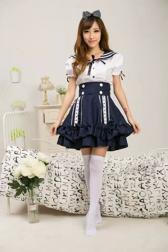 Fashion Lovely Girl Maid Sailor Lolita Blue Dress Japanese School Uniforms Cosplay Costumes