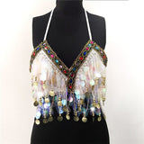 Rainbow Sequin Tassel Mermaid Mirror Body Harness Bra Crop Beading Coins Lace-Up Chiffon Boho Camis Top