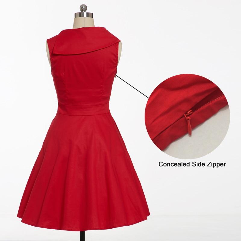 Red Turn-Down Collar Buttons Retro Sleeveless Pockets Elegant Cotton Solid Skater Vintage Dress