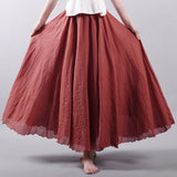 Women Linen Cotton Long Elastic Waist Maxi Beach Boho Casual Lady Vintage Pleated Skirt