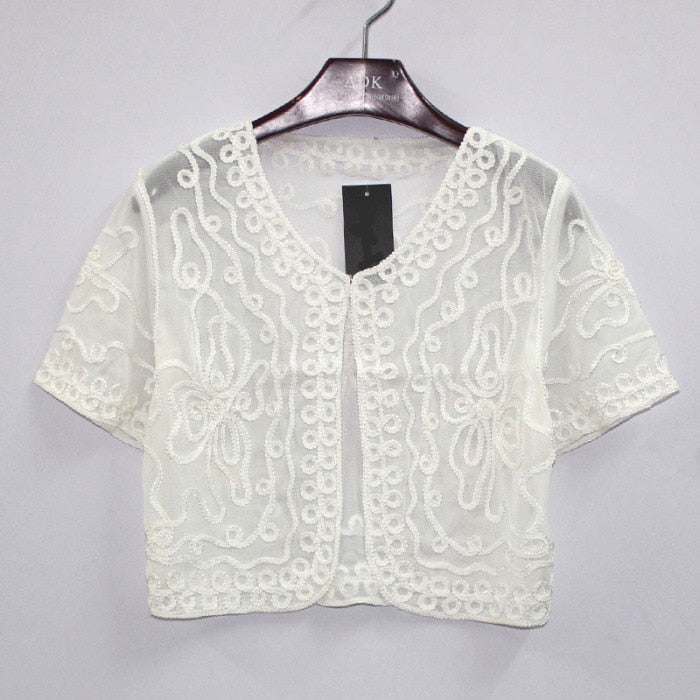 Summer Thin Embroidery Short Sleeve Lace Mesh Cardigan Crochet Shrugs For Women Mujer Casual Korean Small Cape