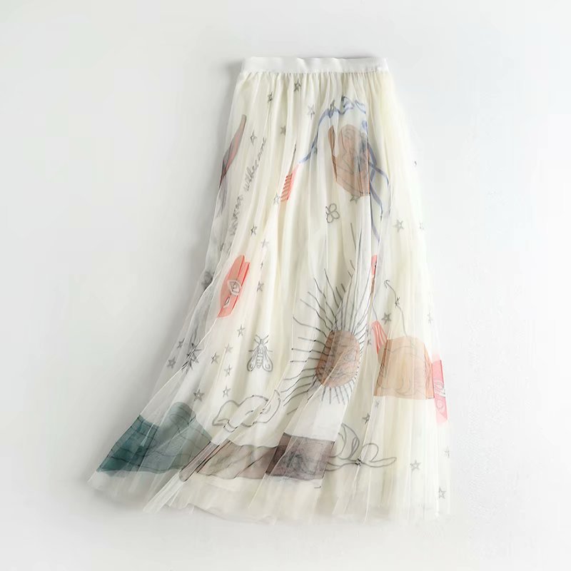 Women Mesh Tulle Elastic High Waist Graffiti Print Long A-line Pleated Maxi Skirts