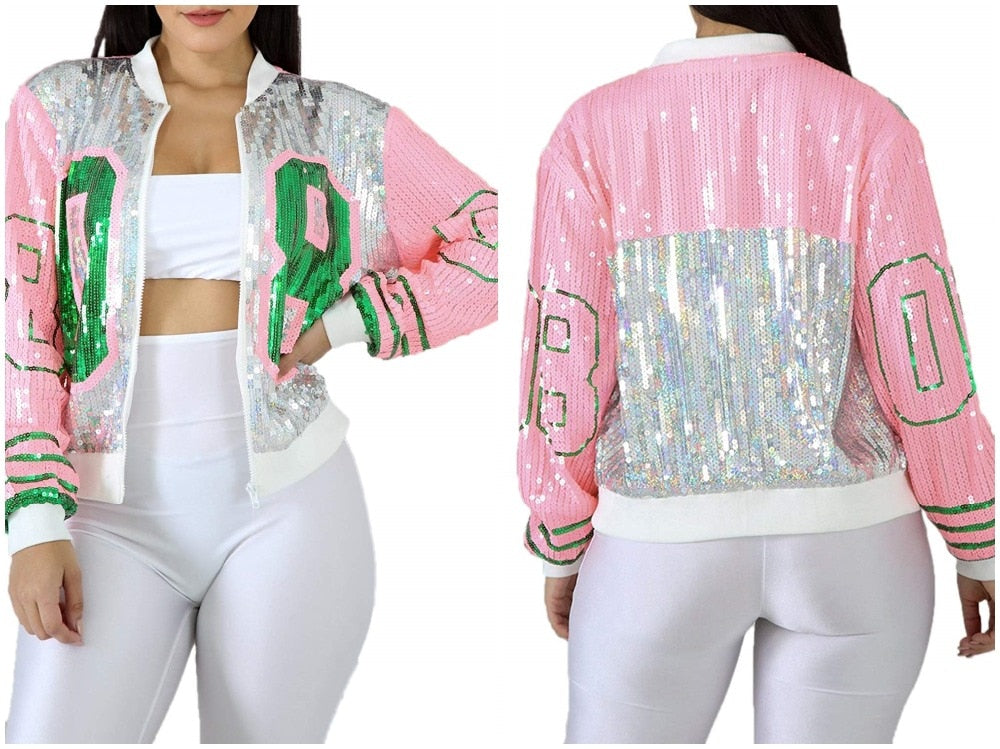 Women Casual Silver Pink Green 08 Number Sequin Jacket Long Sleeve Zipper Club Party Coat Outwear Loose Sequined Bomber Jacket