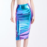Summer Holographic Thigh Splits Bodycon Midi Skirt Sexy Metallic Wet Look Laser Blue Pencil Skirt Festival Rave Clothing