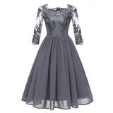Floral Embroidery Contrast Chiffon Asymmetrical Neck Mesh Sleeve Pleated Elegant Banquet Party Dress