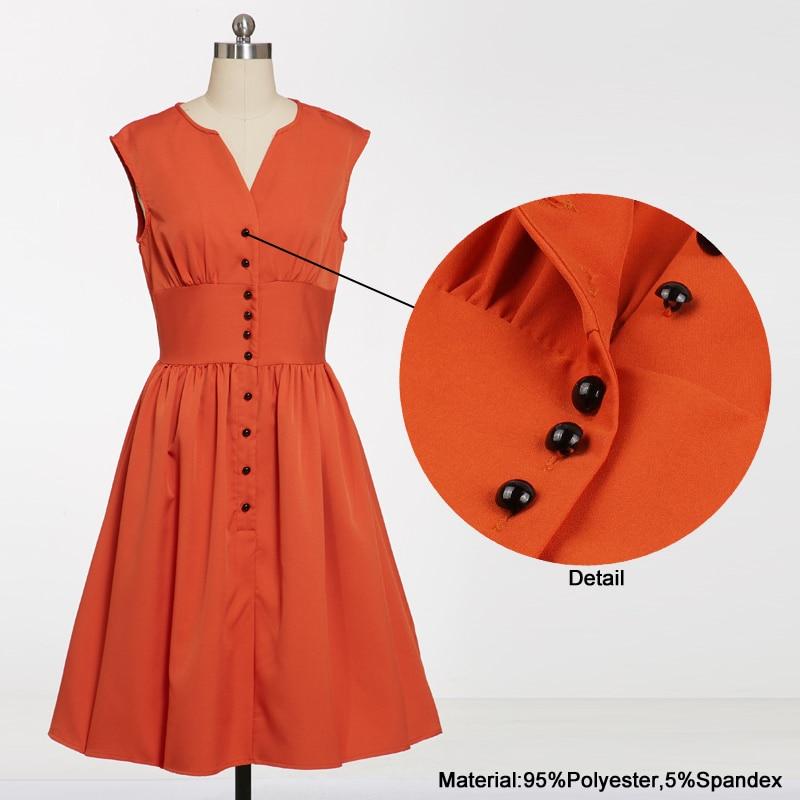 Rust Orange Single Breasted High Waist Pleated Summer Shirt Style V Neck Casual Solid Vintage Dress