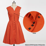 Rust Orange Single Breasted High Waist Pleated Summer Shirt Style V Neck Casual Solid Vintage Dress