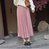 Women Suede Autumn High Waist Long Pleated Vintage Midi Skirt