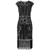 1920s Vintage Inspired Sequin Embellished Fringe Long Gatsby Flapper Dress O-Neck Cap Sleeve Geometric Fancy 20s Party Dress