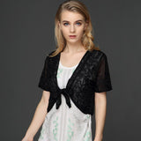 Short Shrug Paisley Vintage Embroidery Floral Lace Mesh Shawl Thin Short Sleeved Cardigan With Belt