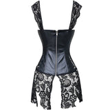 Women Black Faux Leather&Lace Burlesque Steampunk Corset Sexy Zipper Back Straps Overbust Corset Dress Plus Size S-6XL