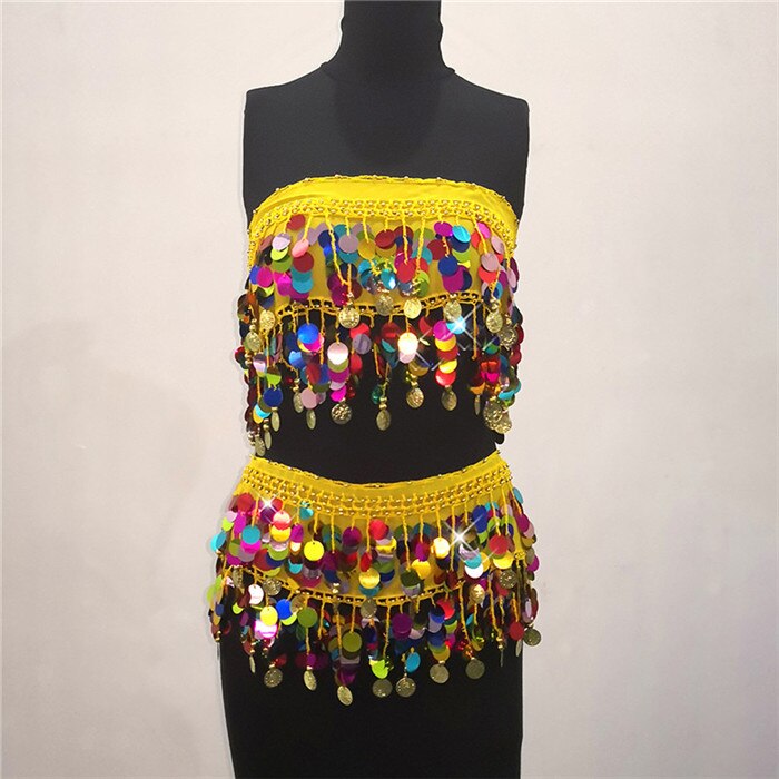 Shiny Sequined 2 Piece Sets Women Colorful Crop Tops Mini Skirts Belly Dance Rave