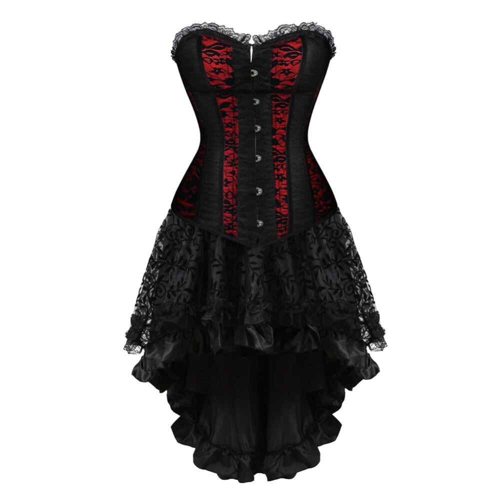 Women's Sexy Strapless Floral Embroidery Gothic Corset With Lace Skirt 