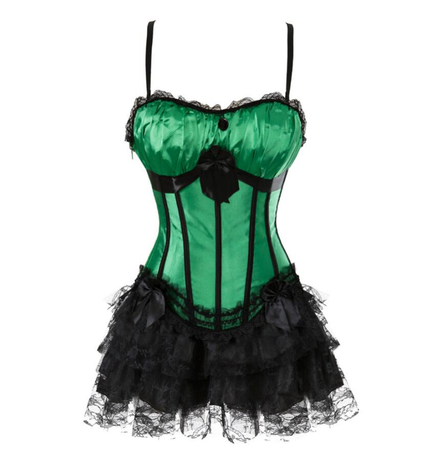 Women Sexy Shoulder Straps Overbust Corset Bustier Top With Mini Lace Skirt Fancy Dresses Costume Sexy Gothic Corsets Dress
