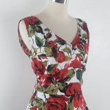 Red Rose Flower Print Elegant Sleeveless Floral Vintage Sexy V Neck Party Cotton Summer Dress