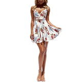 Floral Print Casual Sundress Sashes Cross V Neck Spaghetti Strap Backless A Line Dress