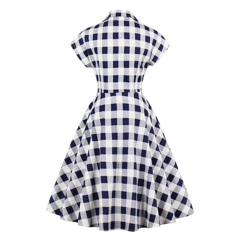 Elegant Plaid Button Up Gingham Dress Retro Style Women Summer Pockets A Line Cotton Rockabilly Vintage Dress
