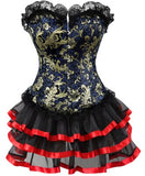 Gothic Gold Jacquard Corset Lace up Overbust Corsets Halloween Costume cosplay Dress Tutu Skirt Petticoat Showgirl Dance Dress