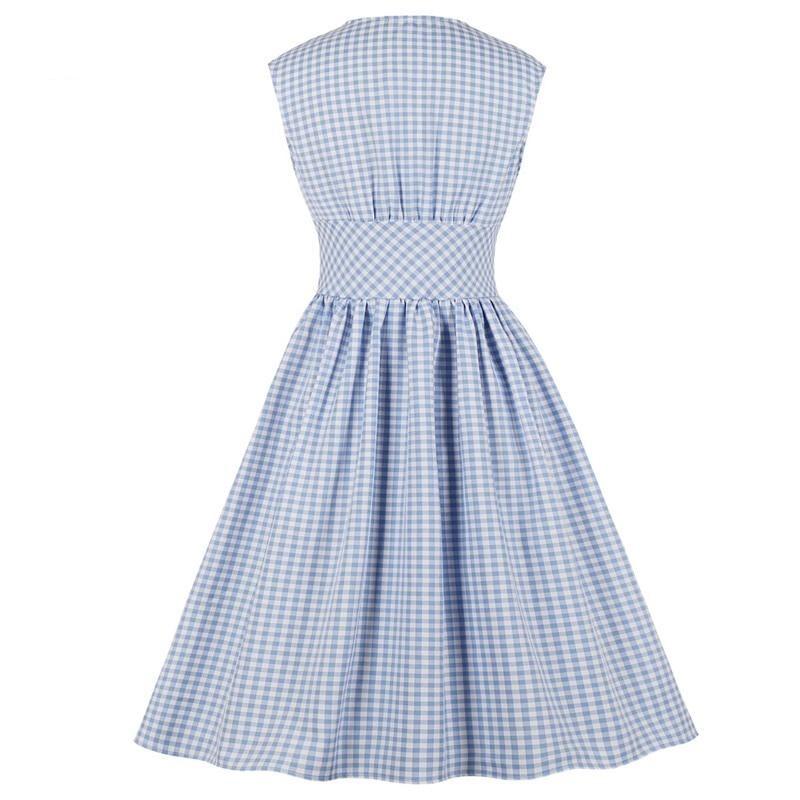 Gingham Print Single Breasted Blue Summer High Waist Vintage Tunic Pleated Plaid Casual Dress
