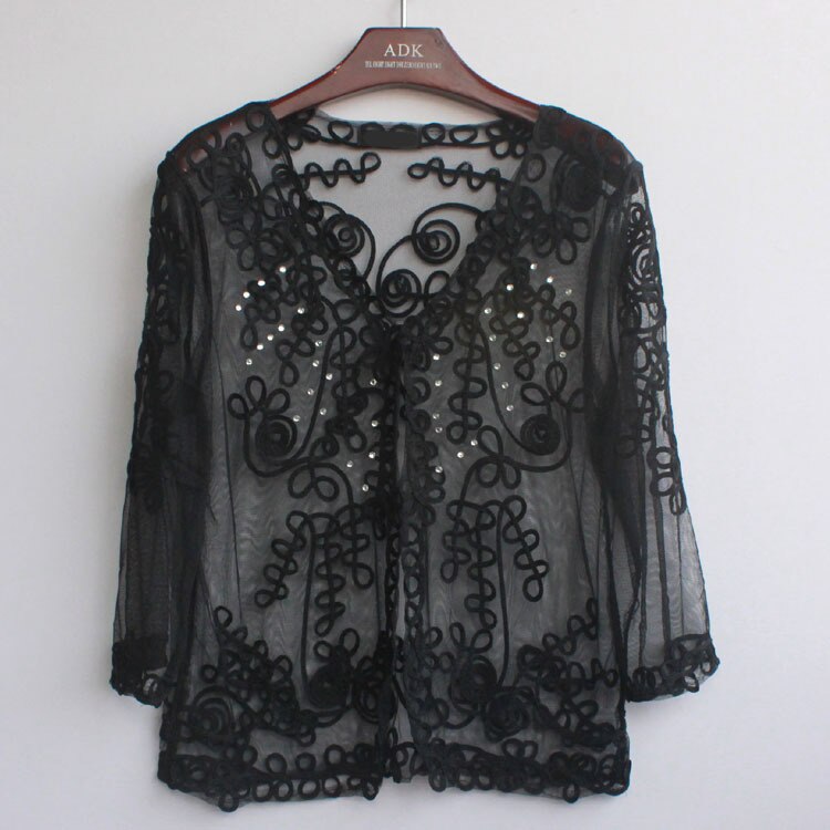 Retro 1920s Women Party Cardigans V Neck 3/4 Sleeve Embroidery Lace Mesh See-Through Thin Casual Diamond Shawl Jacket Coat