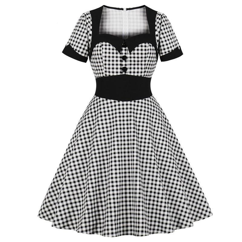 Rockabilly 50s Gingham Sweetheart Neck Women Retro Button Front 95% Cotton Vintage High Waist Plaid Dress