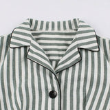 Green Striped Notched Collar Women Vintage Shirt Button Up 3/4 Sleeve Autumn Belted Office Lady Flared Dress