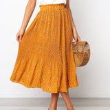 New White Dots Floral Print Pleated Midi Elegant Elastic High Waist Side Pockets Women Skirt