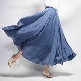 Women Summer Linen Cotton Vintage Women Long Elastic Waist Pleated Maxi Skirts