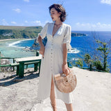 Women Summer Vintage Button Dress Bow sleeves Sexy V-Neck Slit Casual Chic Sundress