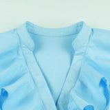 Retro Ruffle V Neck Pleated High Waist Party Elegant Button Shirt Women Blue Vintage Dress