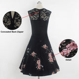 A Line Peony Flower Vintage Contrast Lace Elegant Summer Ladies Retro Party Black Dress