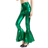 Flare Shiny Trousers Laser Metallic Wetlook Ruffle Wide Leg Pants Retro 70s Disco Hippie Club Trousers Bell Bottoms