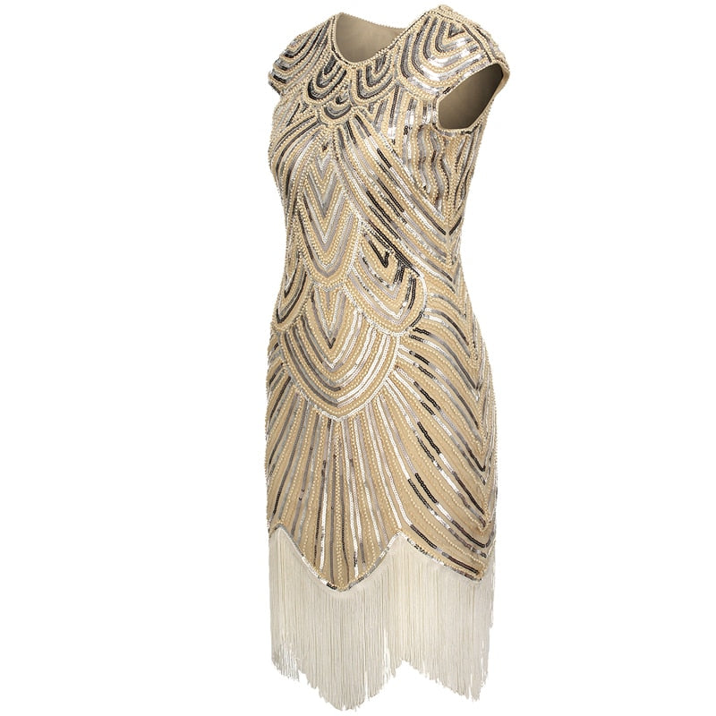 Art Deco Great Gatsby O-Neck Cap Sleeve Vintage Sequin Bead Tassel 1920s Flapper Dress Roaring Party Costumes