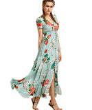 Women Maxi Sundress Button Up Split Floral Print Flower Evening Party Long Dress