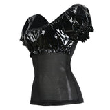 S-XXL 2020 New Punk Gothic Pleated T-shirt  Gauze Patchwork PVC Leather Crop Top Club Party Costume