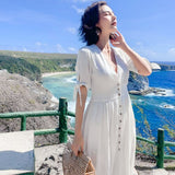 Women Summer Vintage Button Dress Bow sleeves Sexy V-Neck Slit Casual Chic Sundress