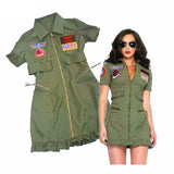 Hot Sale M-XL Female Police Uniform Adult Womens Sexy Top Gun Dress Army Green Costumes Halloween Party Police Costumes